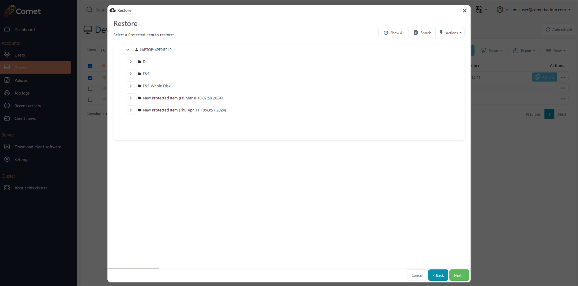 Comet hosted server Restore Wizard