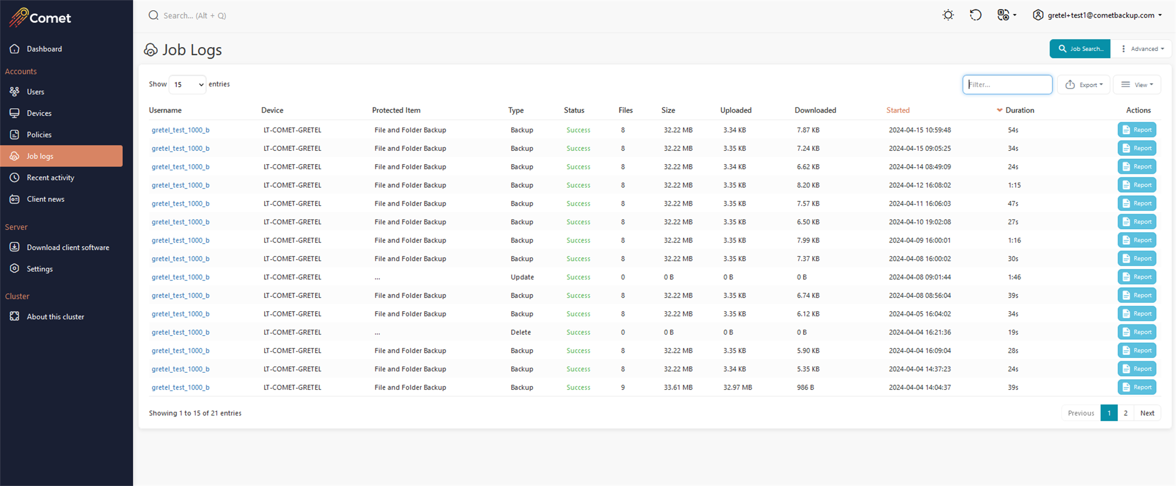 Comet hosted server Job logs